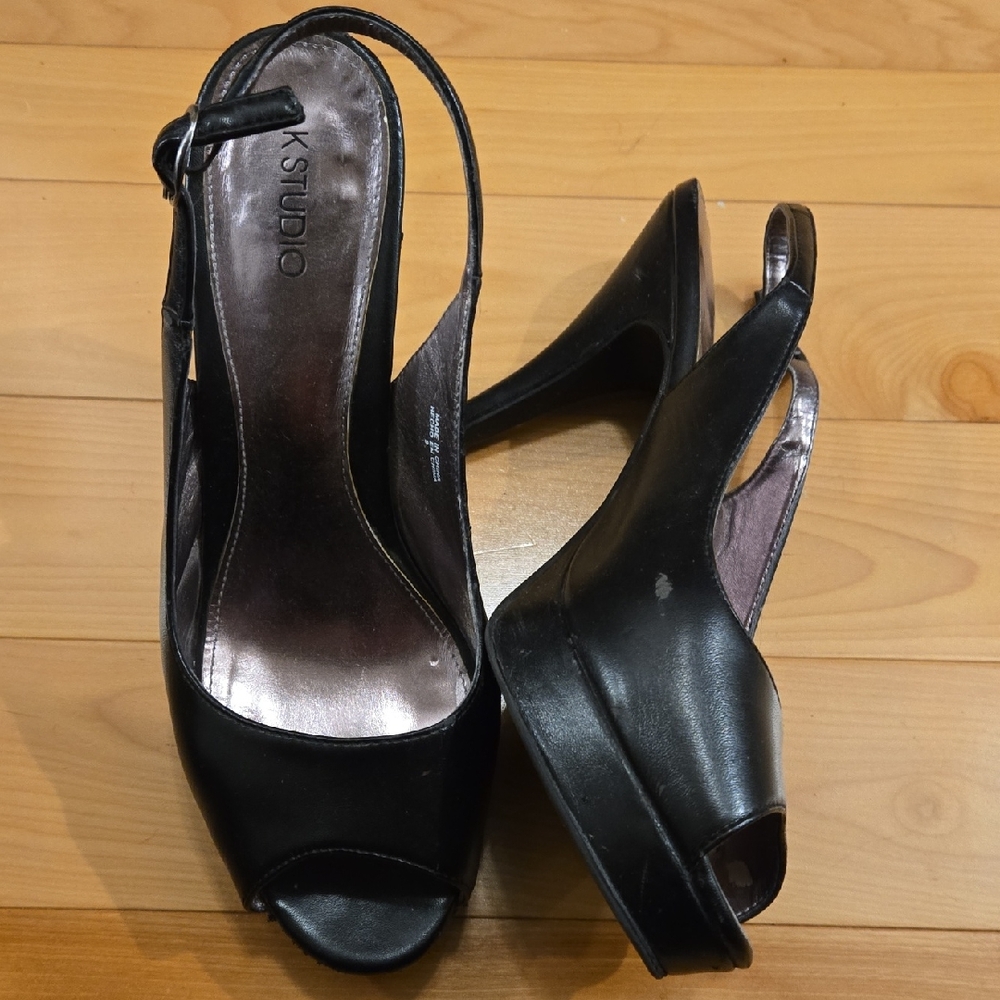 K Studio Black Peep-Toe Slingback Heels